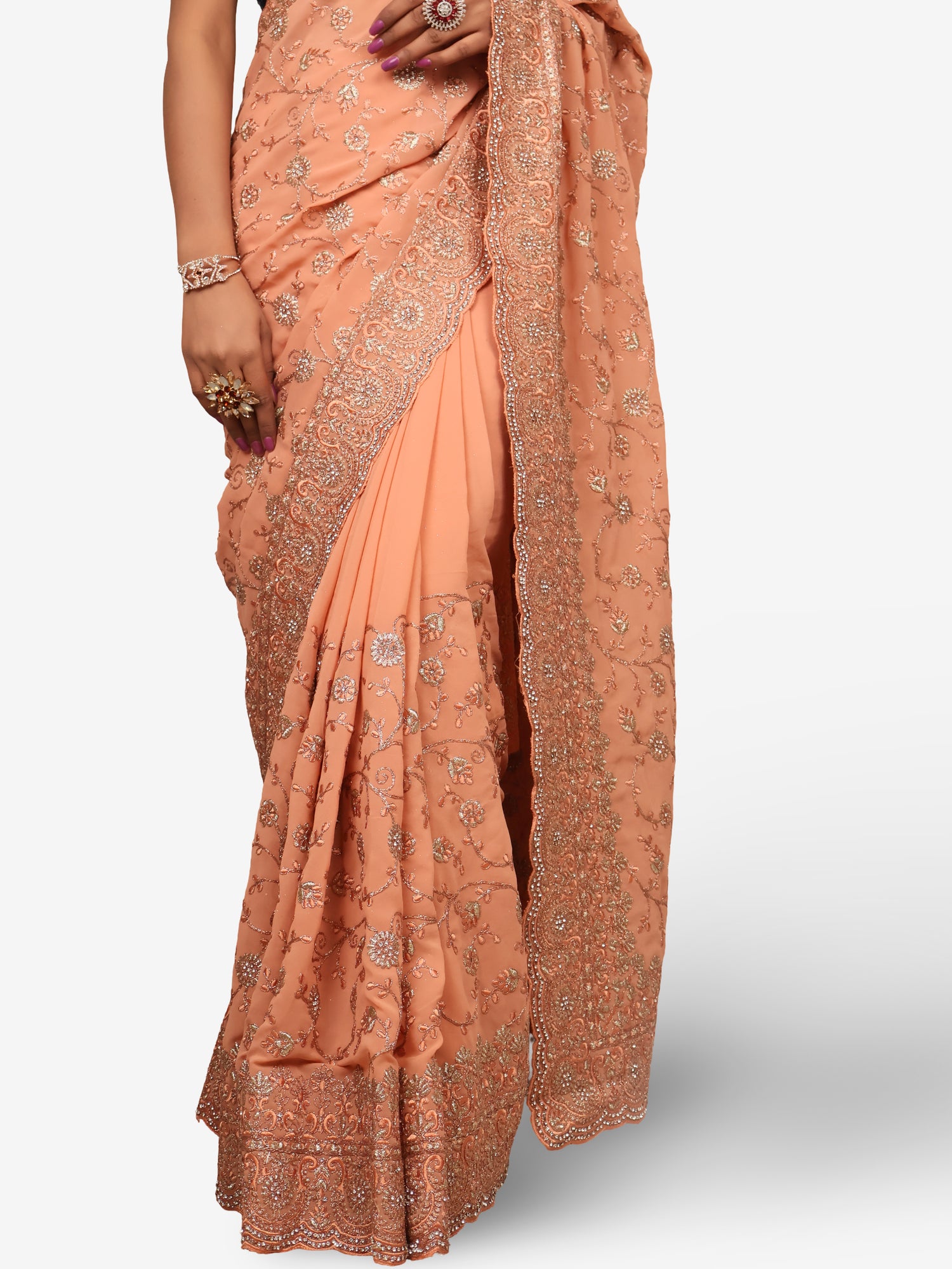 Designer Saree with Heavy Embroidery &amp; Zari Thread Work by Shreekama Peach Designer Sarees for Party Festival Wedding Occasion in Noida