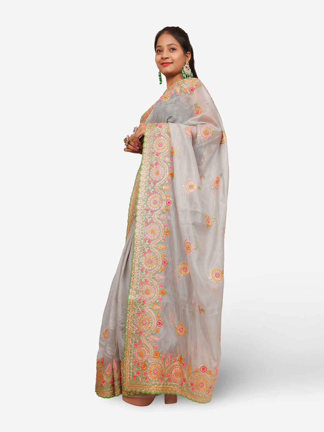 Designer Saree with Embroidery & Zari Thread Work by Shreekama Grey Designer Sarees for Party Festival Wedding Occasion in Noida