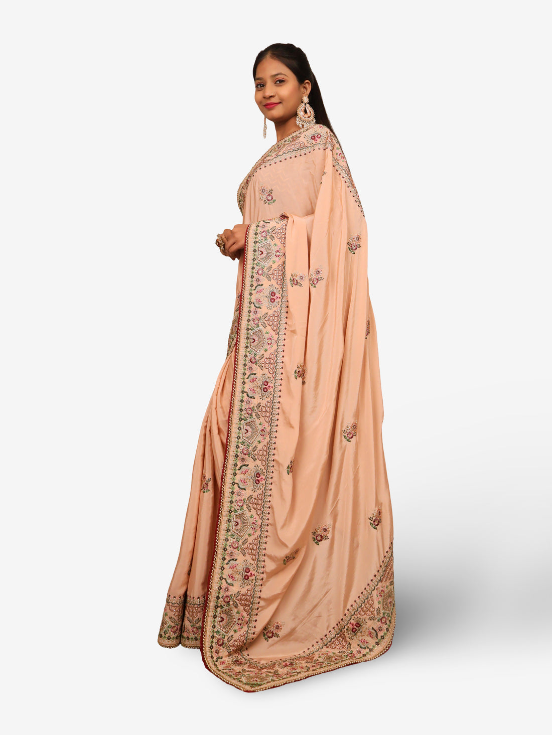 Designer Saree with Peark String on Pallu & Embroider Work by Shreekama Peach Designer Sarees for Party Festival Wedding Occasion in Noida