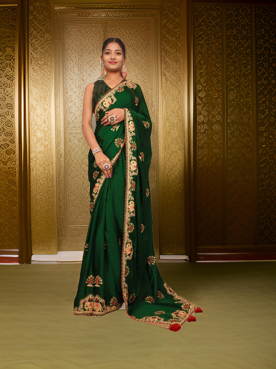 Designer Saree with Kundan & Embroidery Work by Shreekama Dark Green Designer Sarees for Party Festival Wedding Occasion in Noida