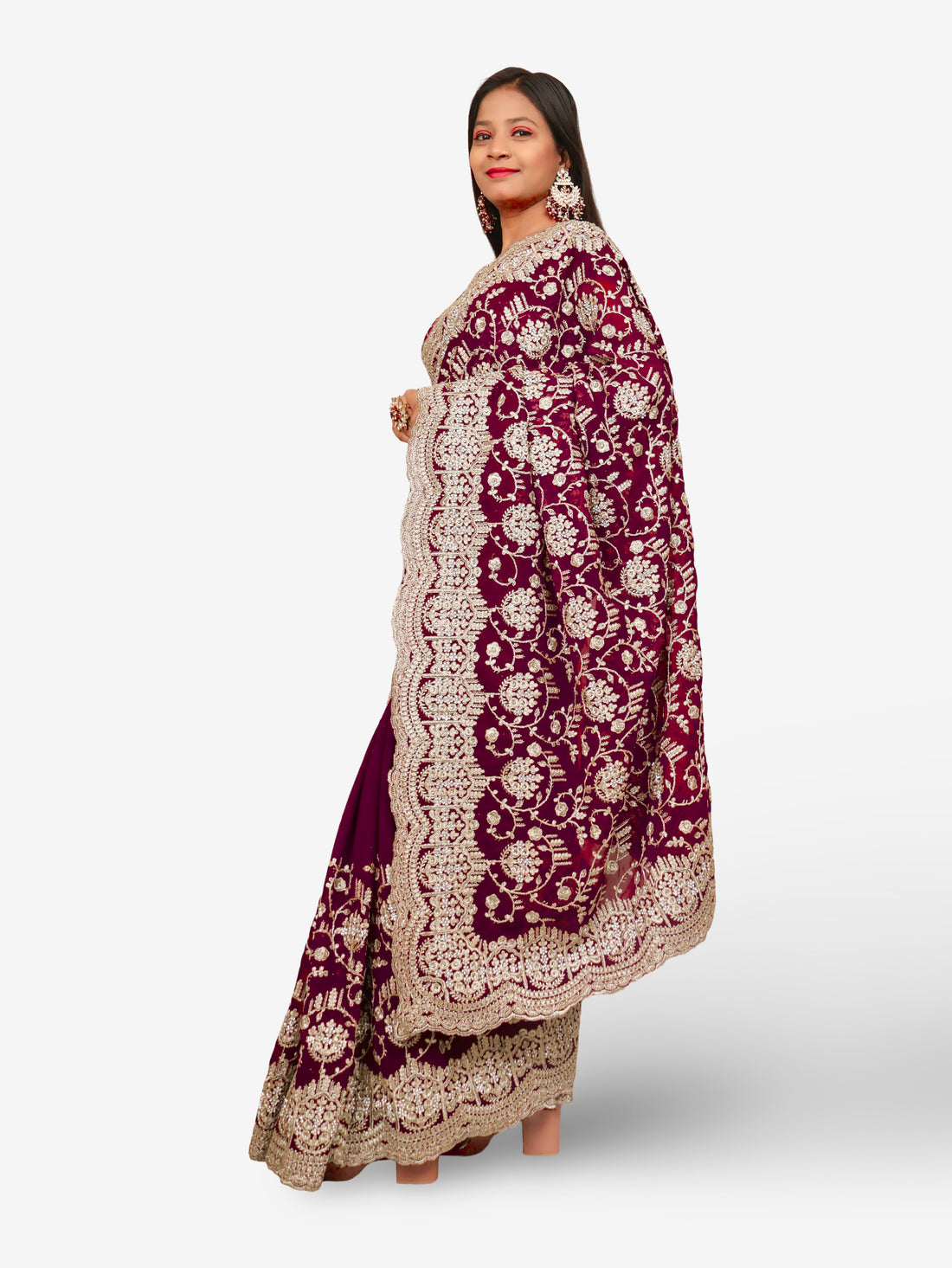 Designer Saree with Embroidery & Heavy Zari Thread Work by Shreekama Wine Designer Sarees for Party Festival Wedding Occasion in Noida