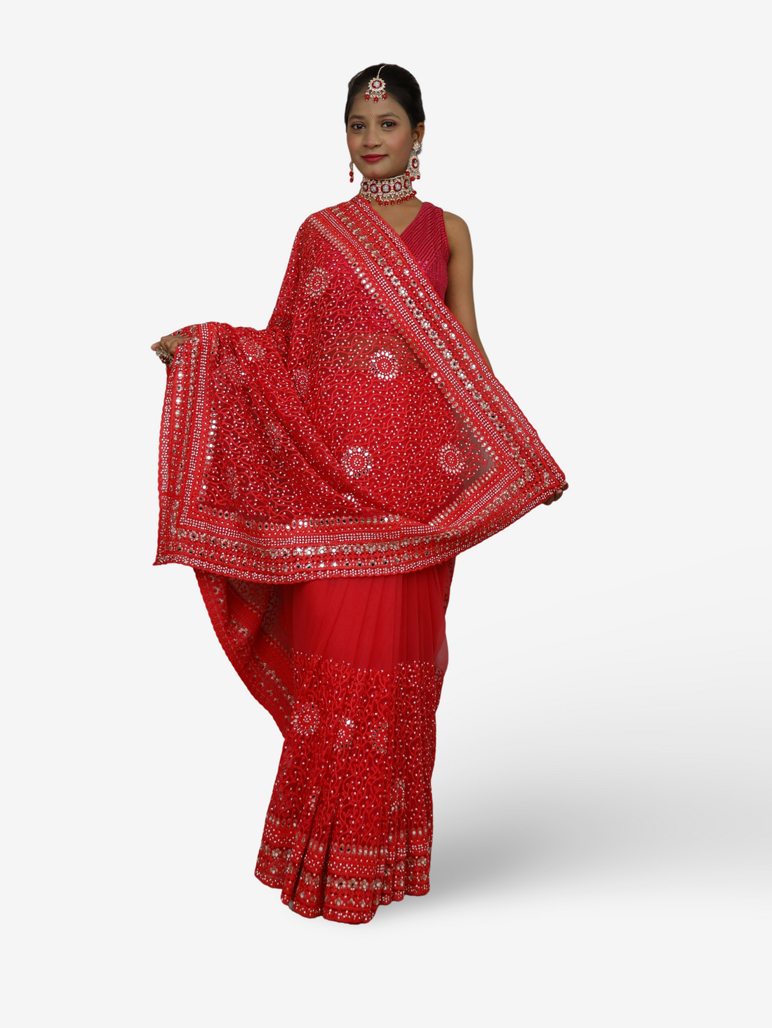 Designer Net Fabric Mirror & Stone Work Shreekama Red Designer Sarees for Party Festival Wedding Occasion in Noida