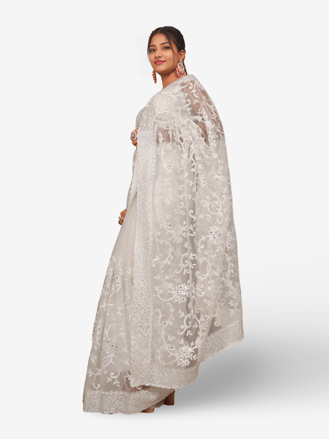 Designer Saree with Kundan & Heavy Thread Work Embroidery Work by Shreekama White Designer Sarees for Party Festival Wedding Occasion in Noida