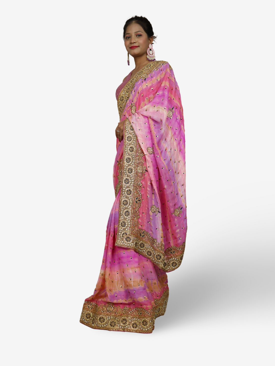 Designer Saree with Kundan & Cut Dana Work by Shreekama Pink Multi Designer Sarees for Party Festival Wedding Occasion in Noida