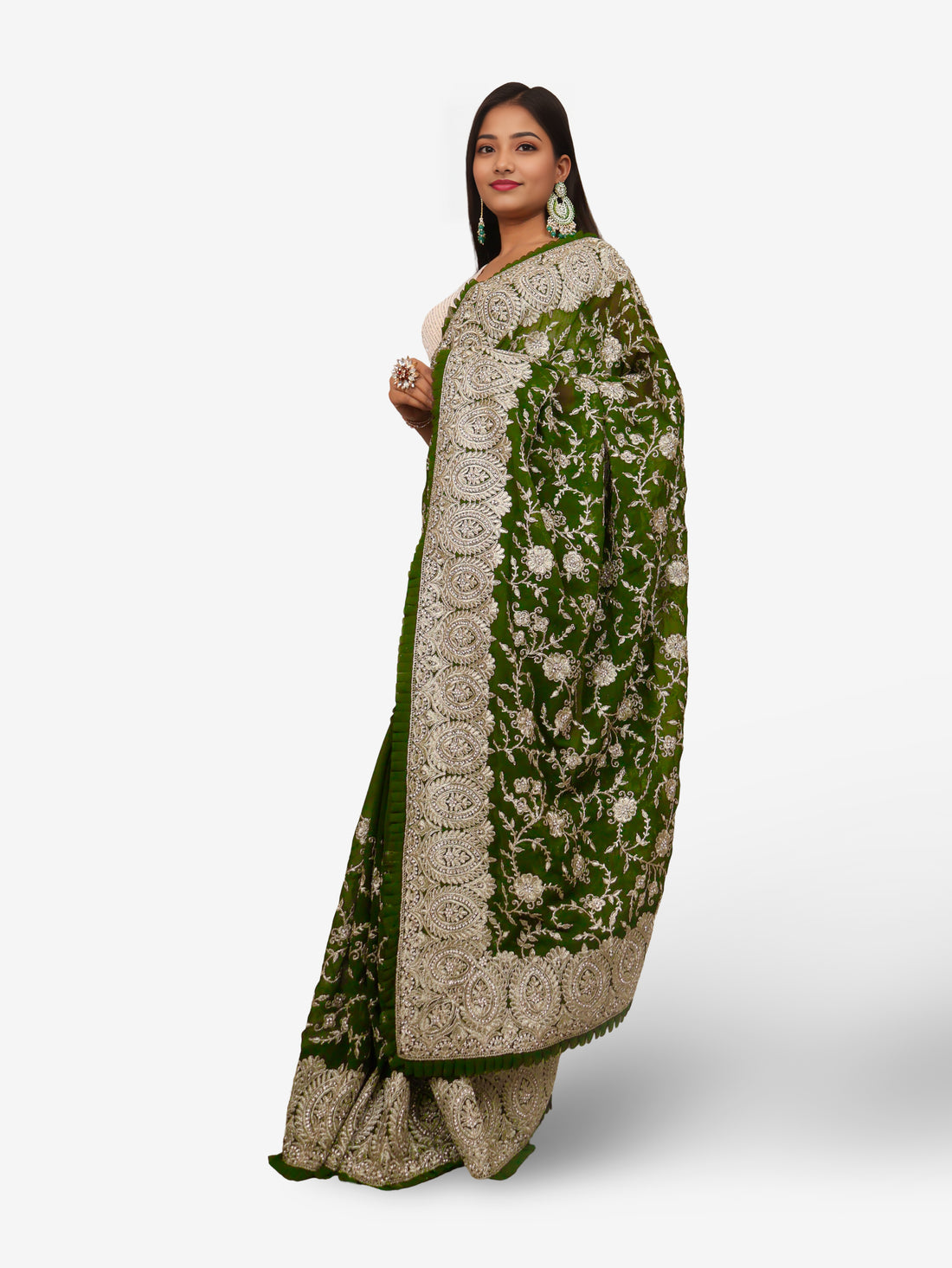 Designer Saree with Stone & Heavy Zari Thread Work by Shreekama Dark Green Designer Sarees for Party Festival Wedding Occasion in Noida
