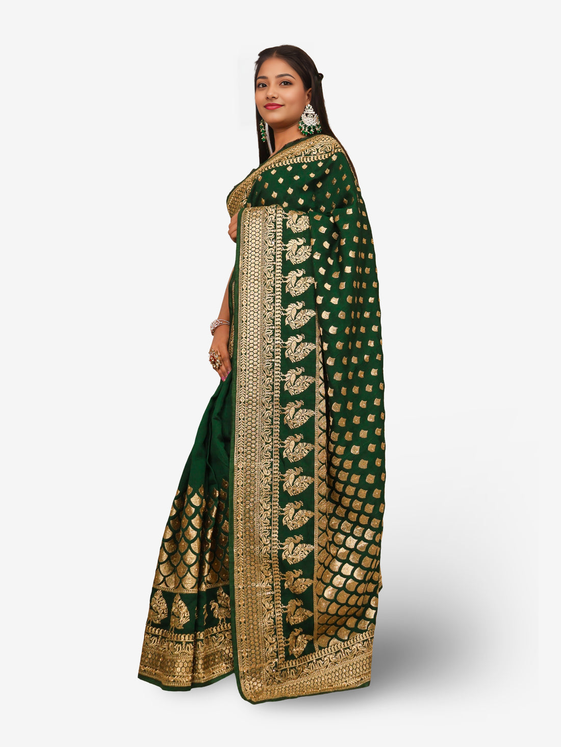 Designer Saree with Kundan & Heavy Embroidery Work by Shreekama Dark Green Designer Sarees for Party Festival Wedding Occasion in Noida