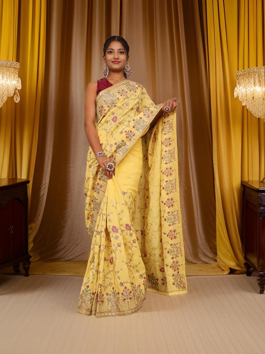 Designer Saree with Sequin & Embroidery Work by Shreekama Lemon Yellow Designer Sarees for Party Festival Wedding Occasion in Noida