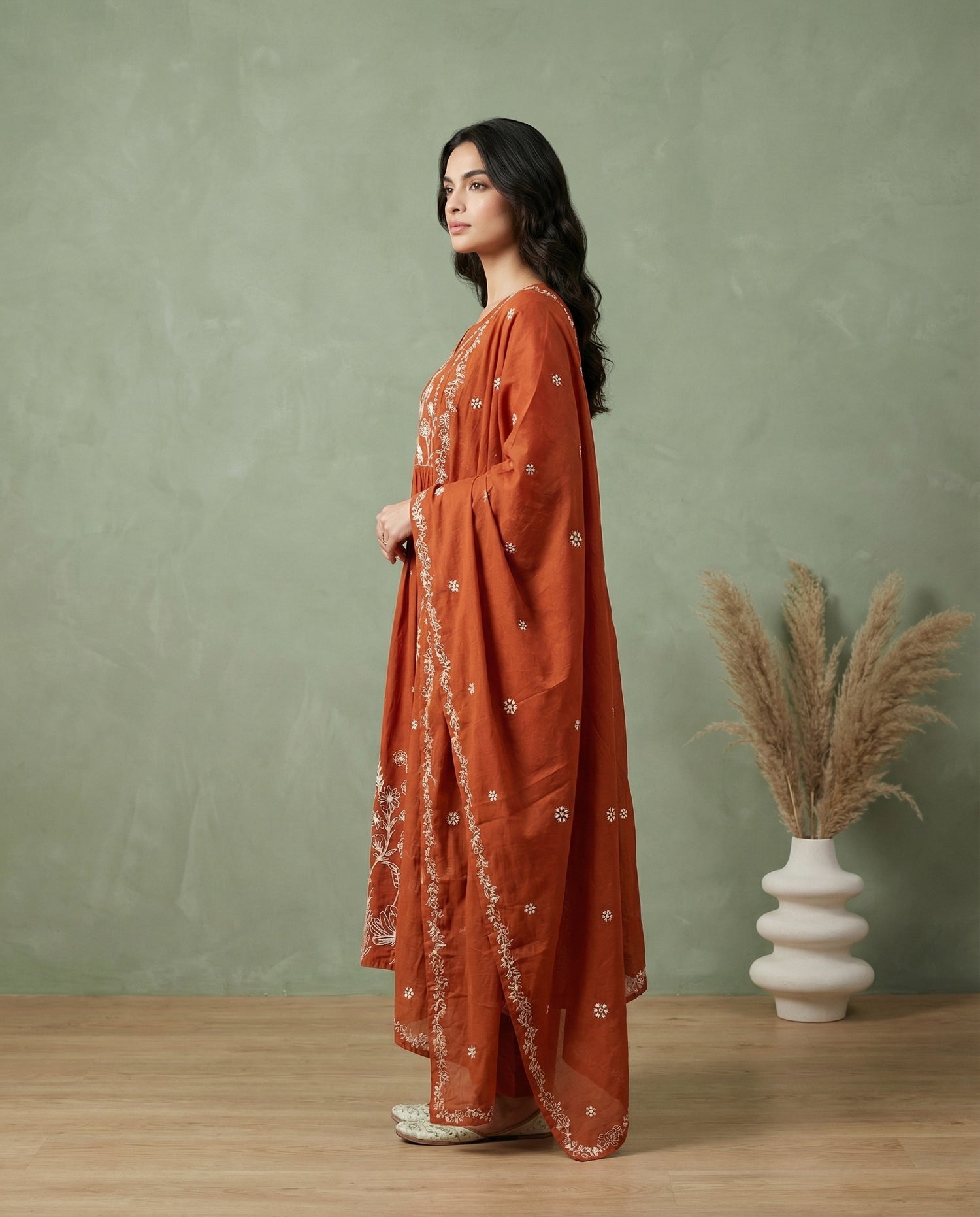 Rust Orange Floral Embroidered A-Line Kurta with Palazzo &amp; Dupatta Set