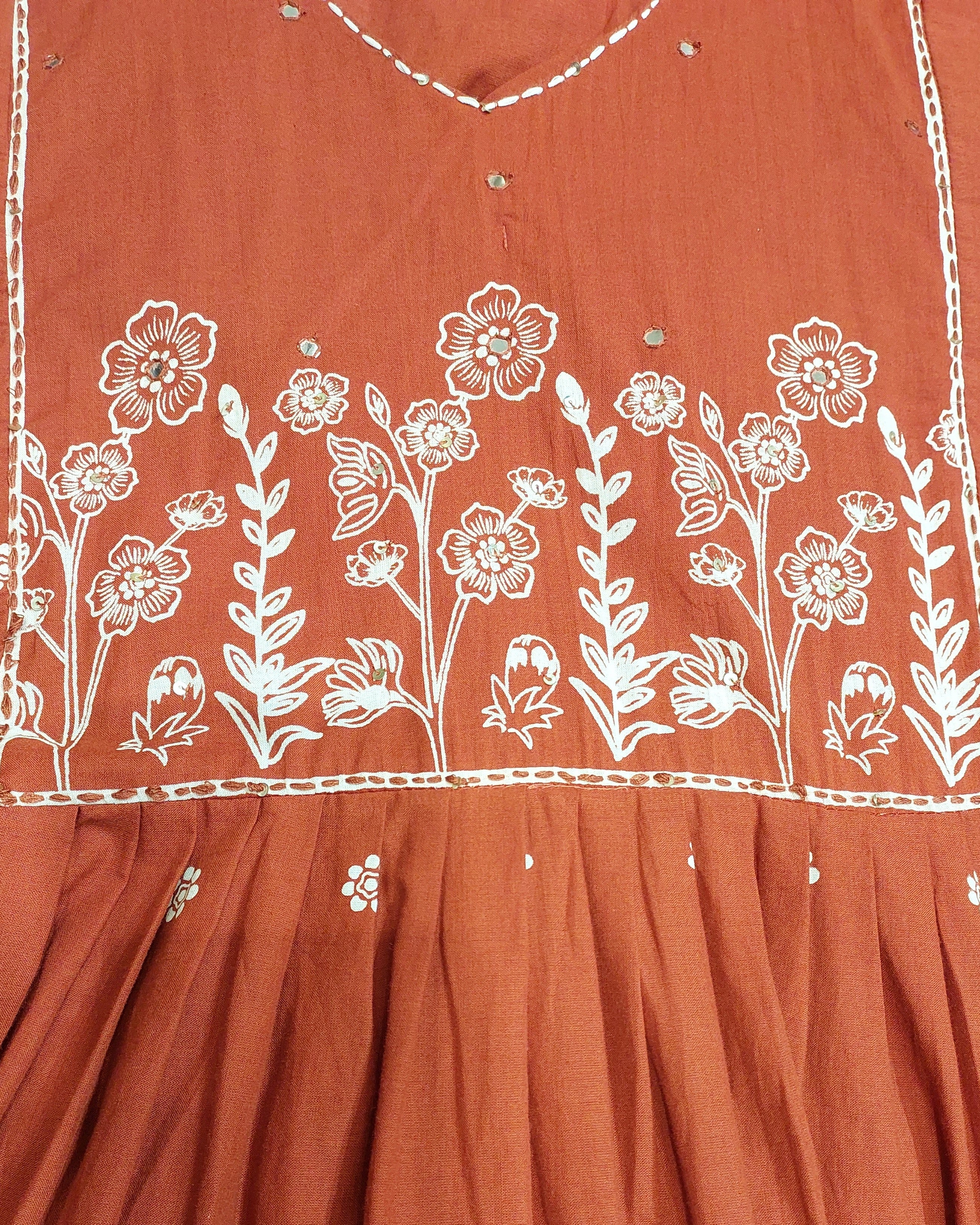 Rust Orange Floral Embroidered A-Line Kurta with Palazzo &amp; Dupatta Set