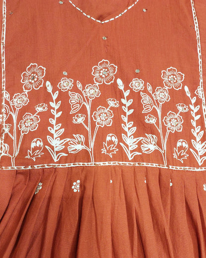 Rust Orange Floral Embroidered A-Line Kurta with Palazzo &amp; Dupatta Set