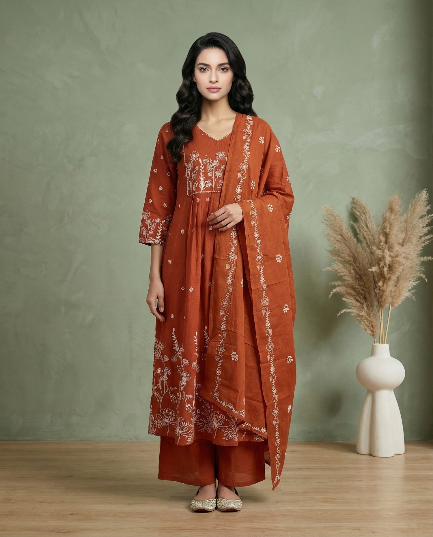 Rust Orange Floral Embroidered A-Line Kurta with Palazzo &amp; Dupatta Set