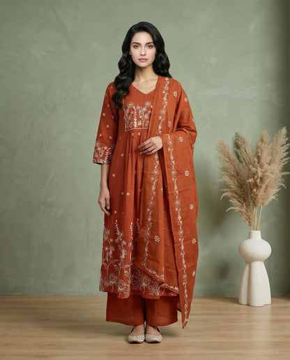 Rust Orange Floral Embroidered A-Line Kurta with Palazzo &amp; Dupatta Set
