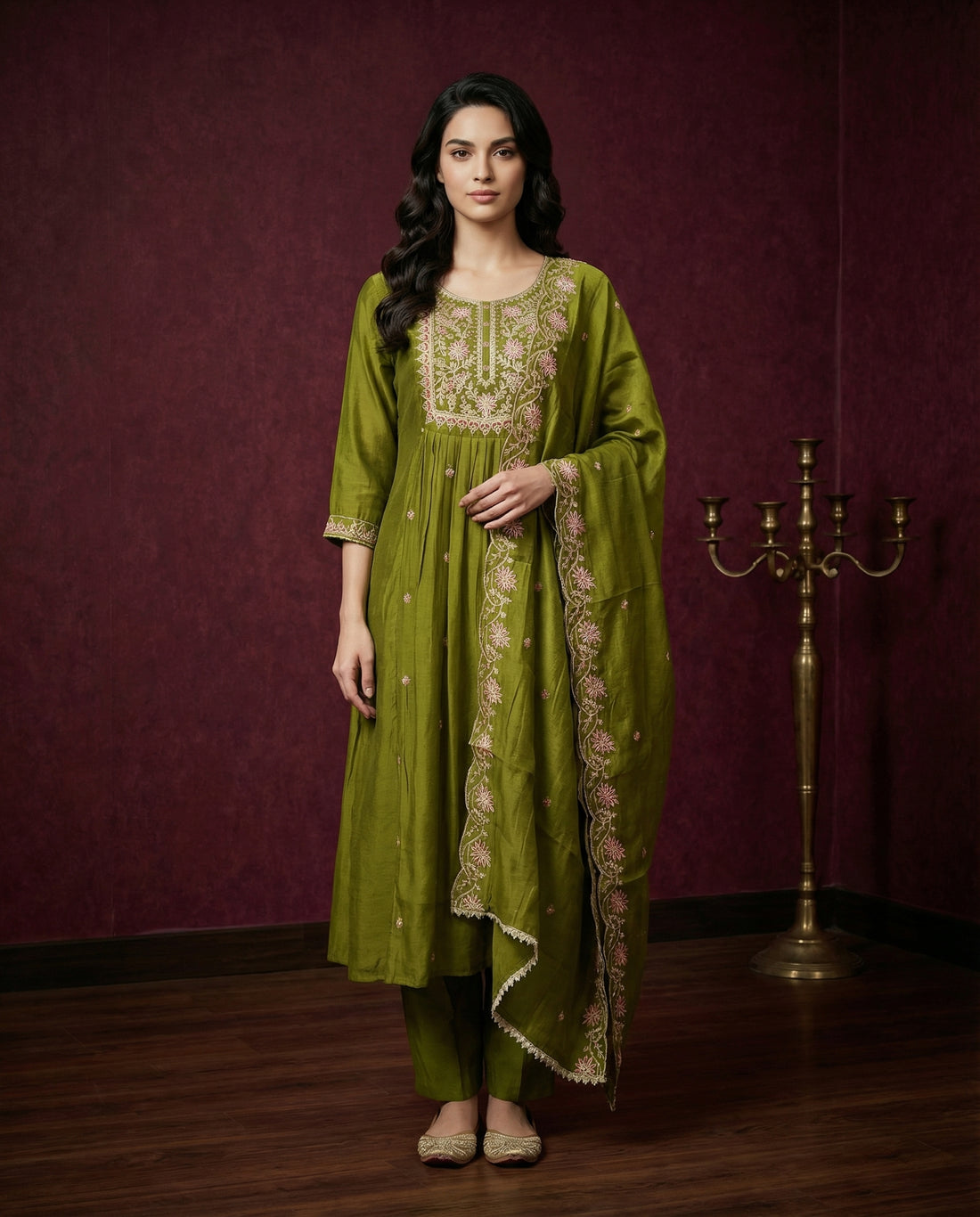 Olive Green Embroidered Kurta Set with Dupatta &amp; Pants | Floral Thread Work