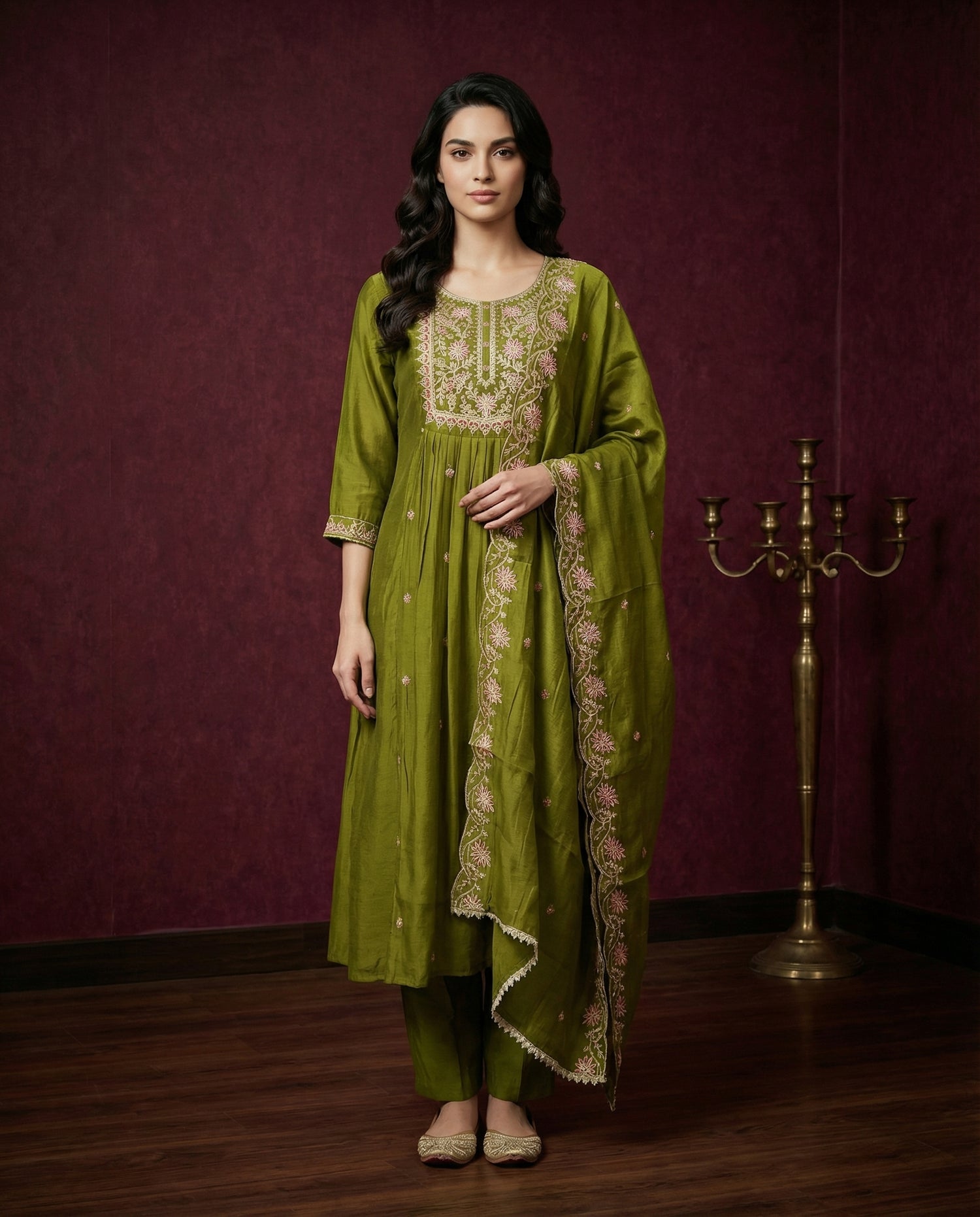 Olive Green Embroidered Kurta Set with Dupatta &amp; Pants | Floral Thread Work