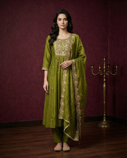 Olive Green Embroidered Kurta Set with Dupatta &amp; Pants | Floral Thread Work
