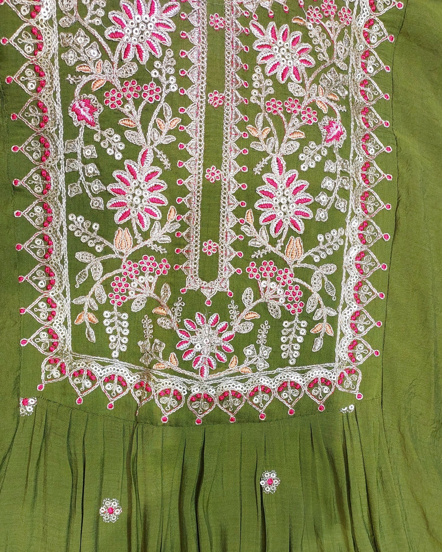 Olive Green Embroidered Kurta Set with Dupatta &amp; Pants | Floral Thread Work