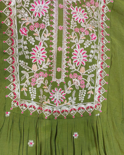 Olive Green Embroidered Kurta Set with Dupatta &amp; Pants | Floral Thread Work