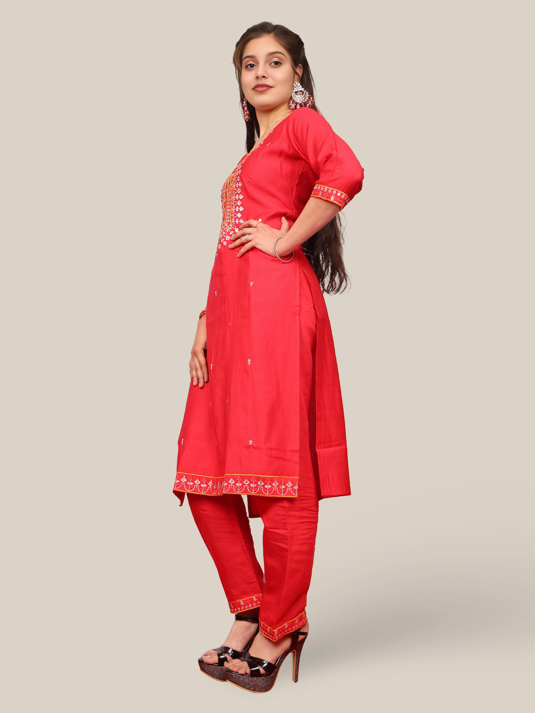 Rayon-Cotton Embroidered Straight Kurti Set with Pant and Dupatta