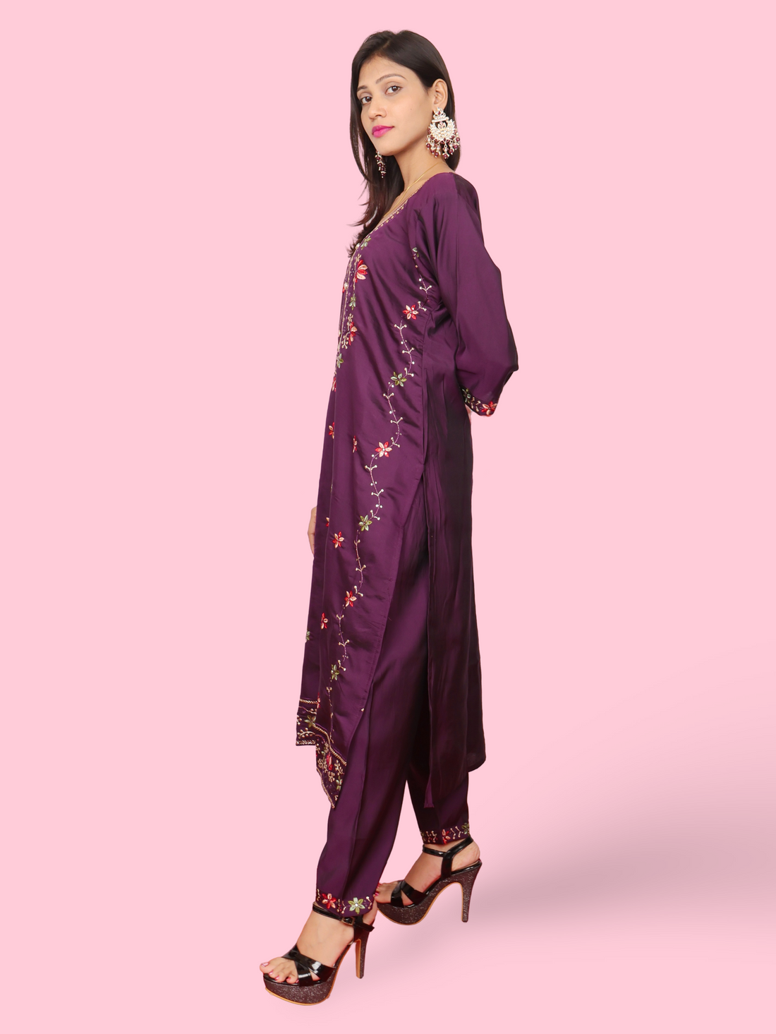Rayon-Cotton Embroidered Straight Kurti with Pant and Dupatta