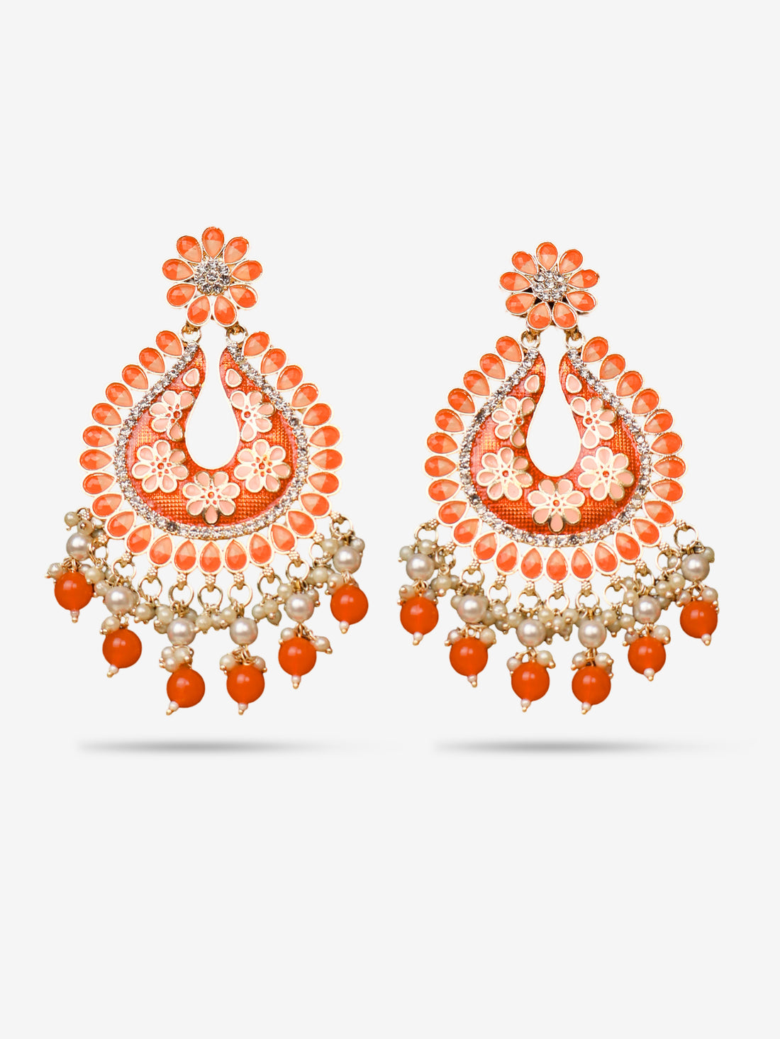 Jewels Chandbali Earrings for Women with Kundan Stones and Beads by Shreekama Orange Fashion Jewelry for Party Festival Wedding Occasion in Noida