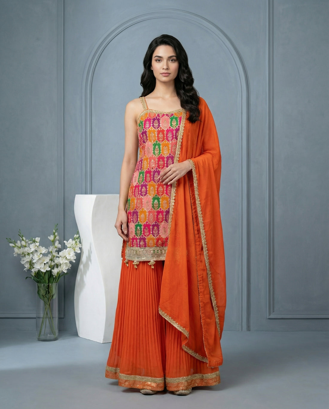 Multicolor Brocade Kurta with Orange Sharara &amp; Dupatta Set | Mirror Work | Festive Wear