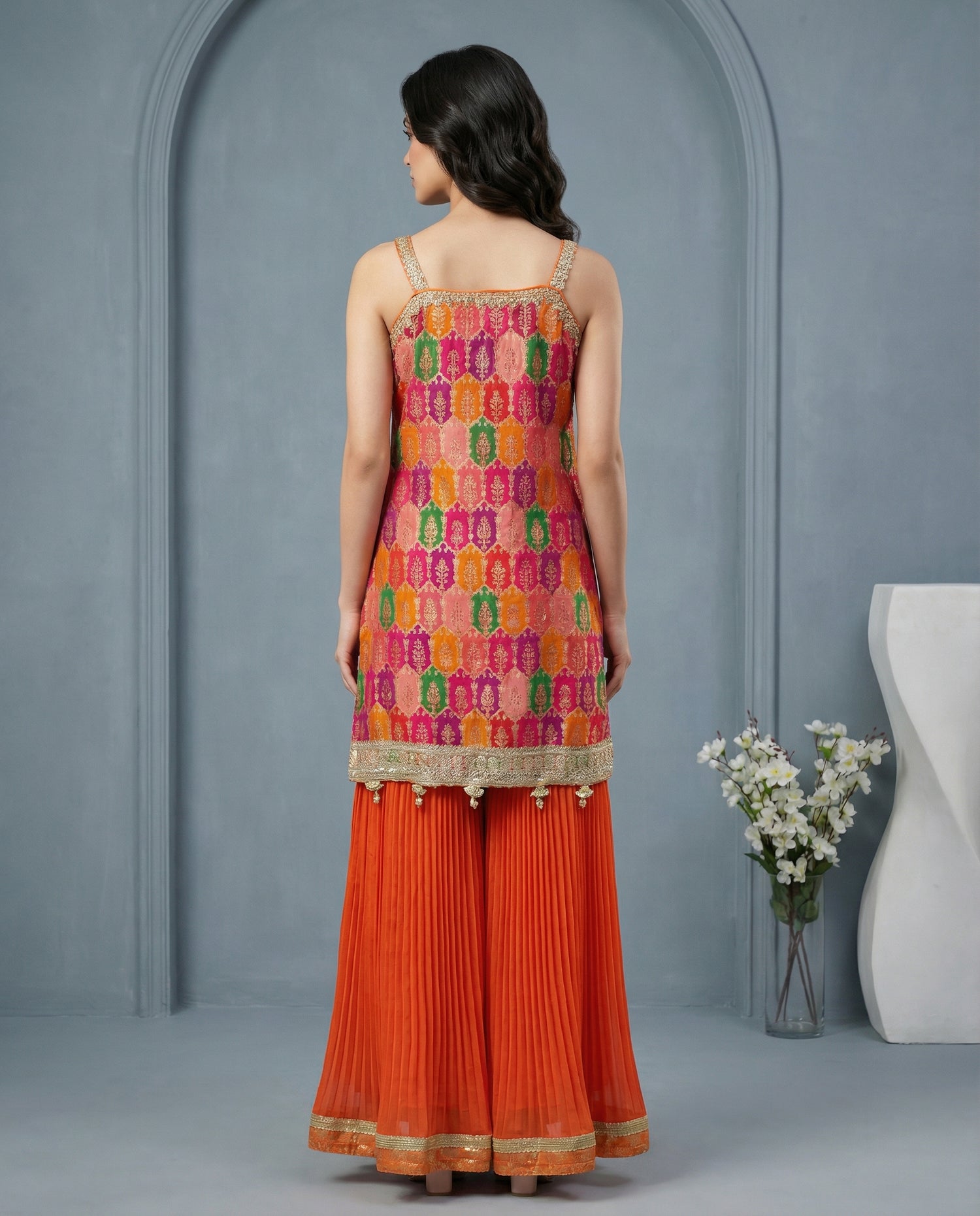 Multicolor Brocade Kurta with Orange Sharara &amp; Dupatta Set | Mirror Work | Festive Wear