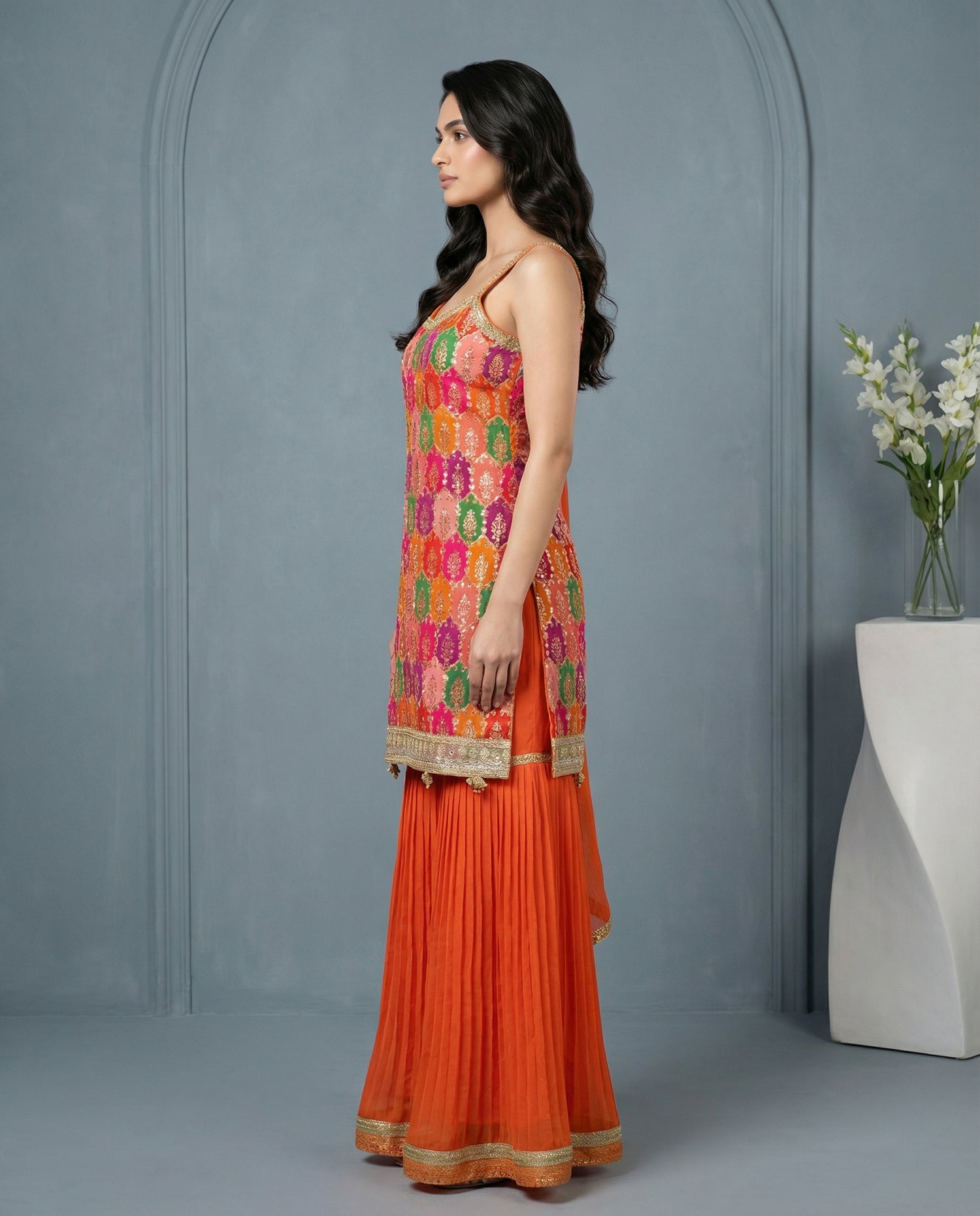 Multicolor Brocade Kurta with Orange Sharara &amp; Dupatta Set | Mirror Work | Festive Wear