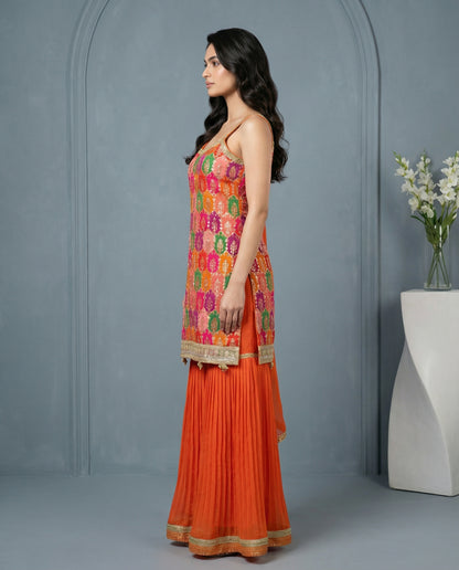 Multicolor Brocade Kurta with Orange Sharara &amp; Dupatta Set | Mirror Work | Festive Wear