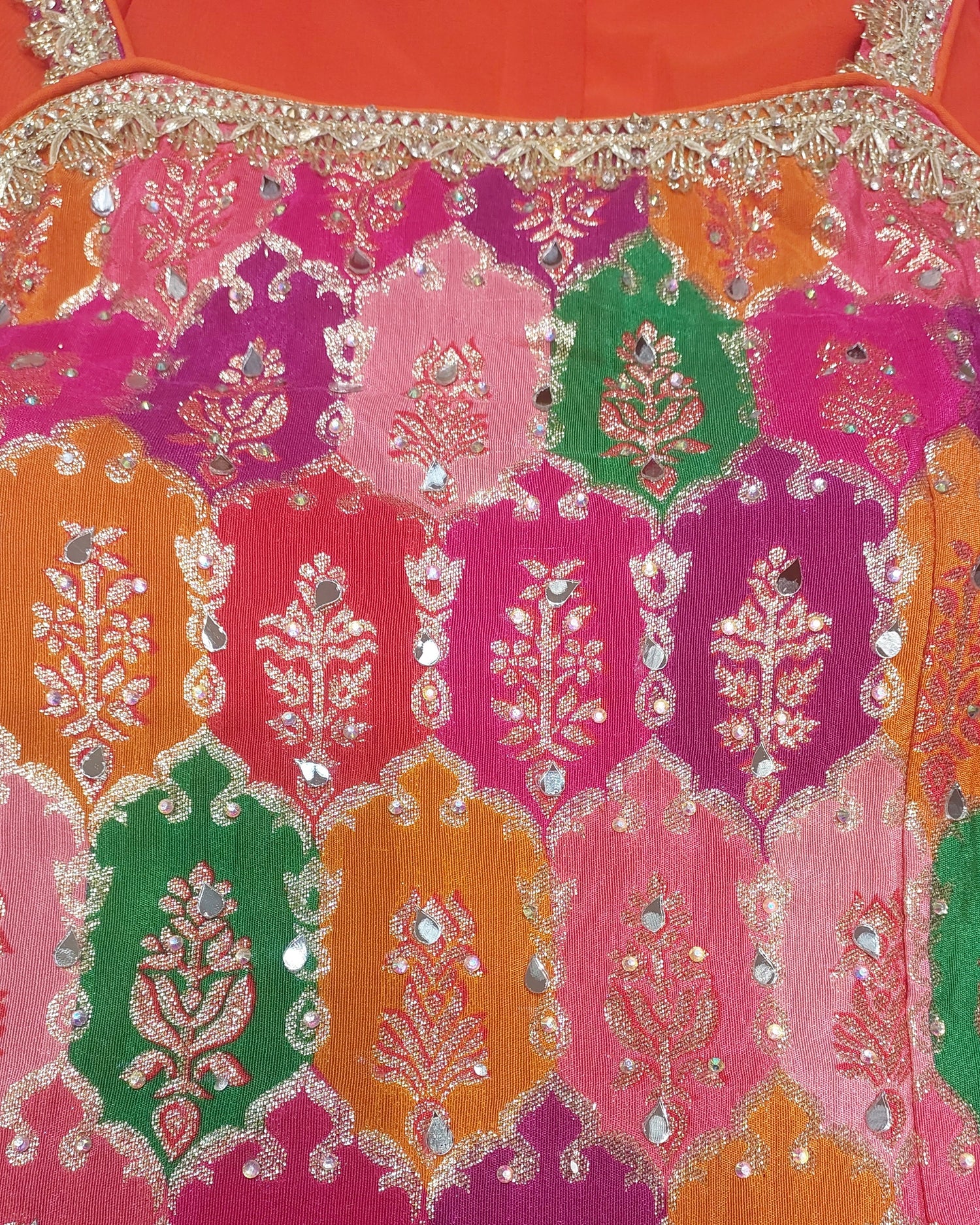 Multicolor Brocade Kurta with Orange Sharara &amp; Dupatta Set | Mirror Work | Festive Wear