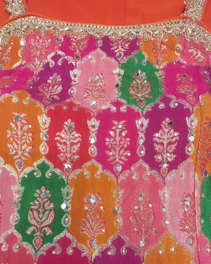 Multicolor Brocade Kurta with Orange Sharara &amp; Dupatta Set | Mirror Work | Festive Wear