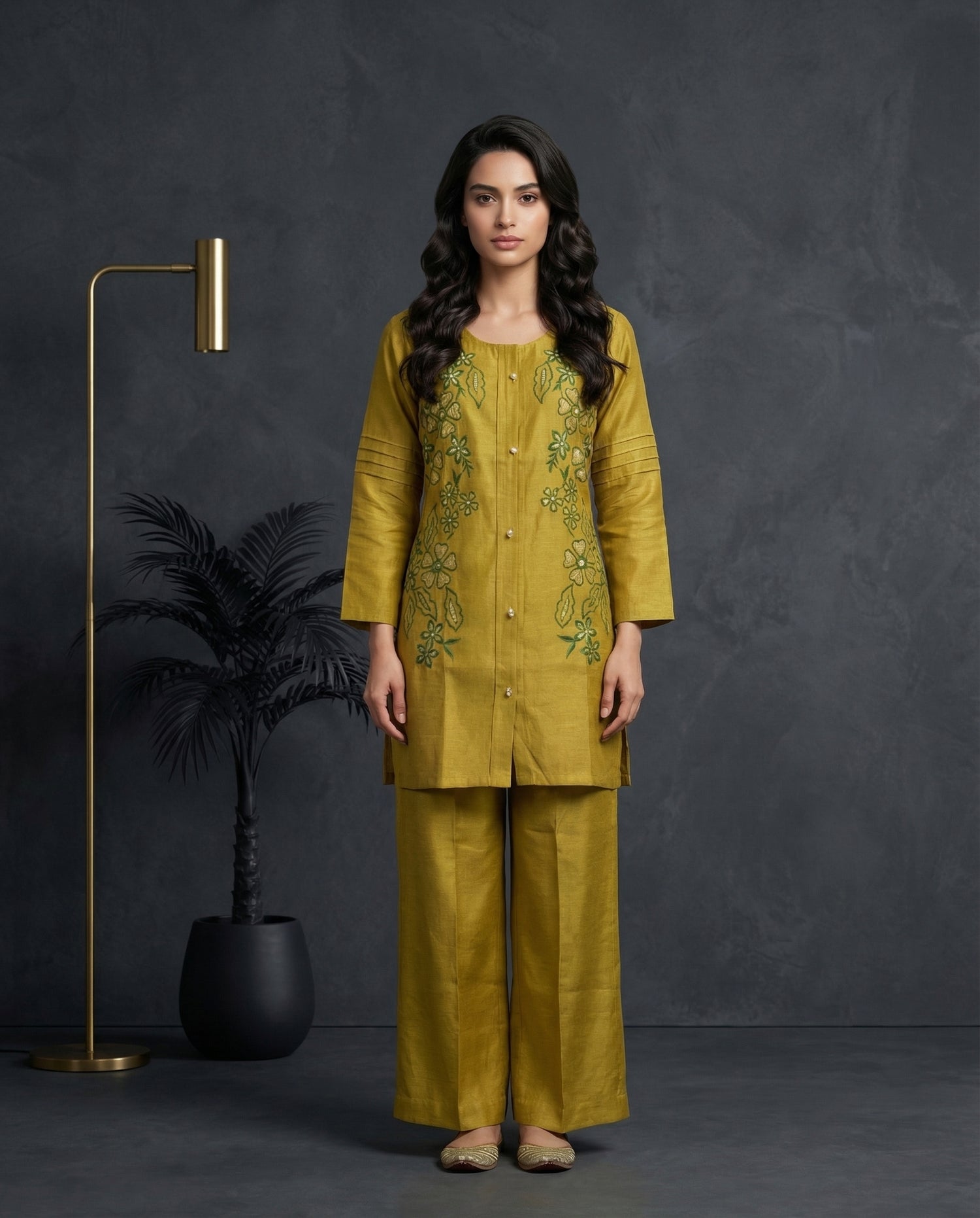 Mustard Green Floral Embroidered Kurta with Palazzo Set | Sequin &amp; Pearl Work