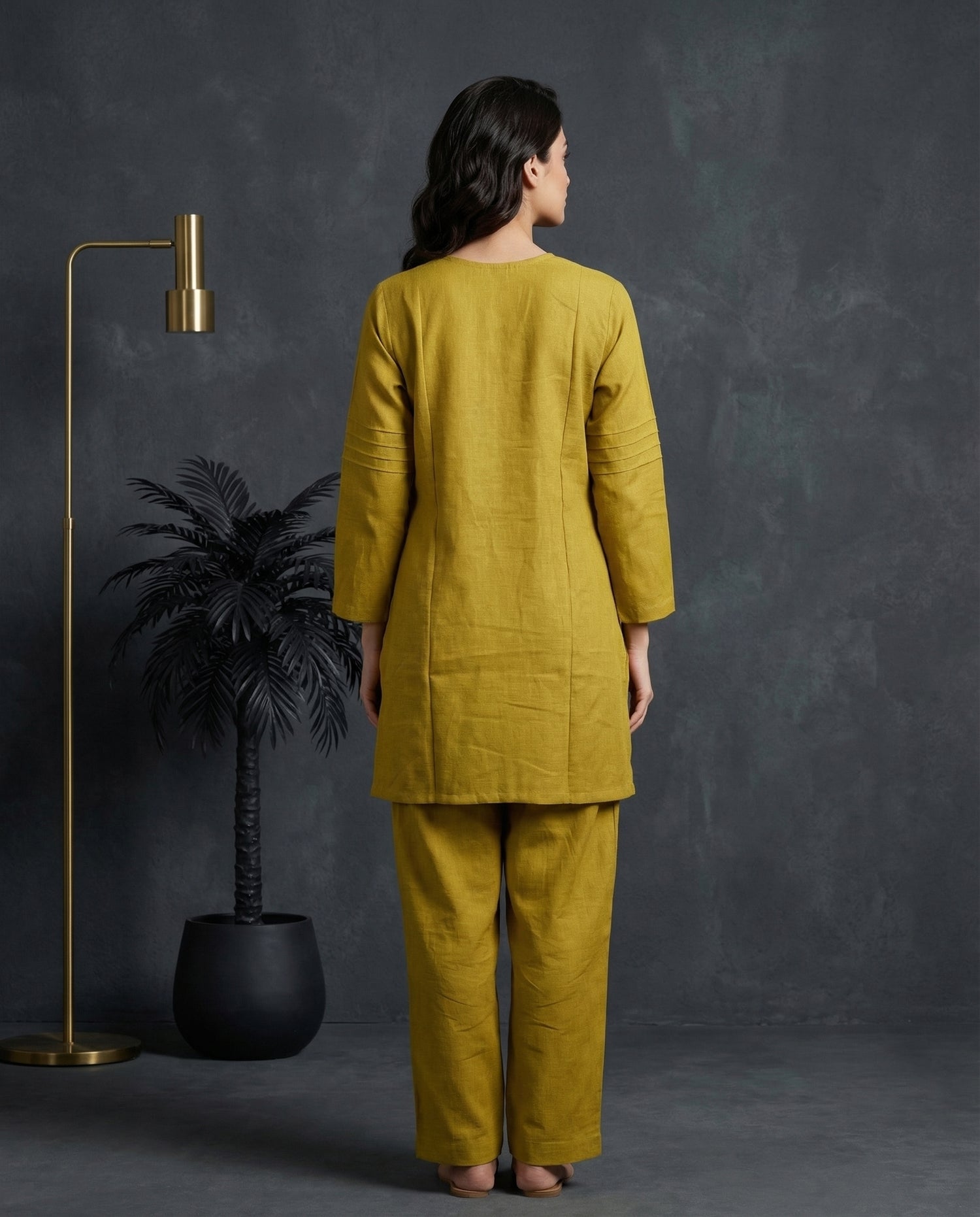Mustard Green Floral Embroidered Kurta with Palazzo Set | Sequin &amp; Pearl Work