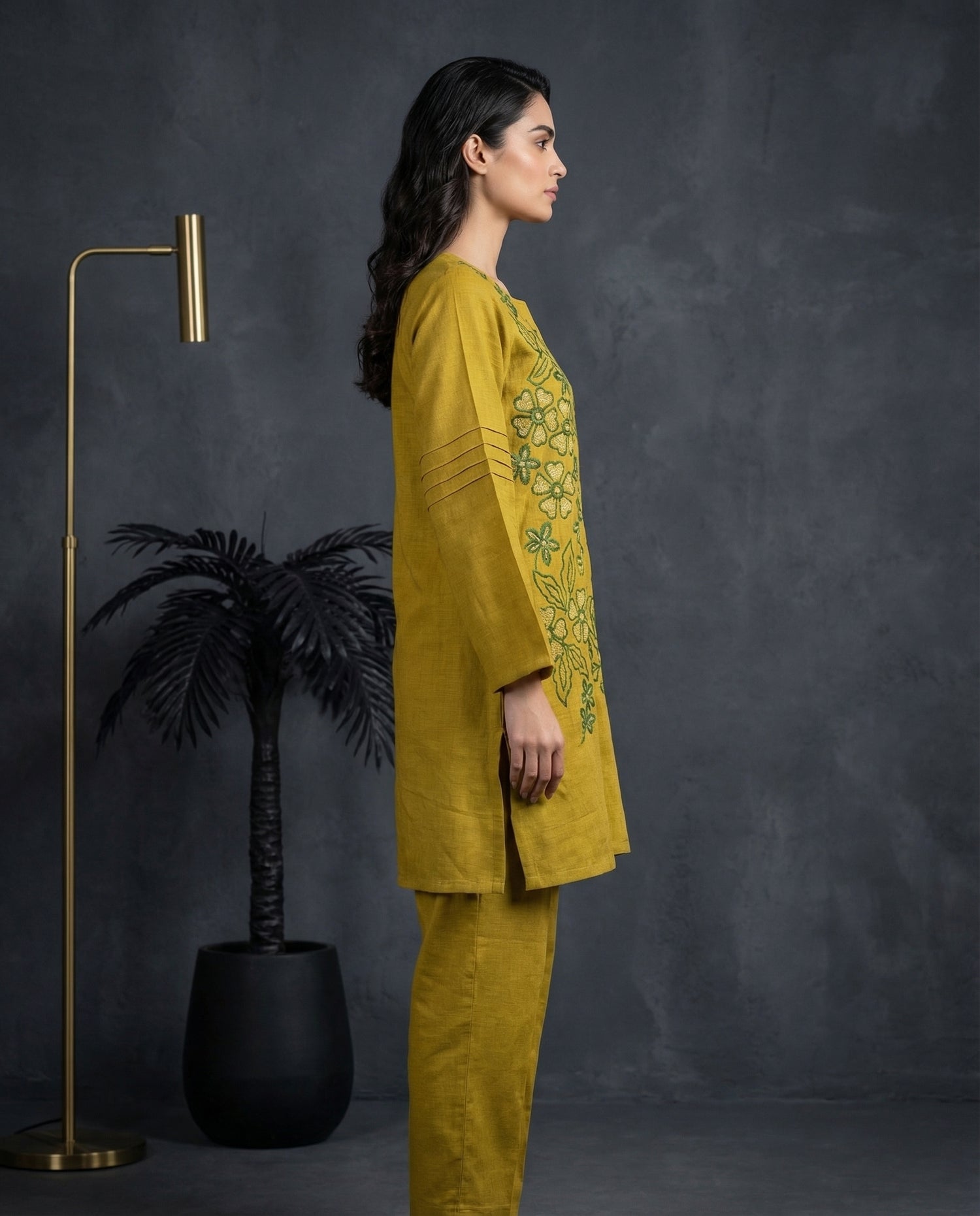 Mustard Green Floral Embroidered Kurta with Palazzo Set | Sequin &amp; Pearl Work