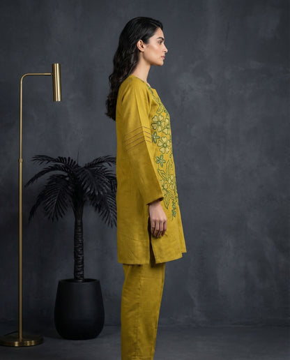 Mustard Green Floral Embroidered Kurta with Palazzo Set | Sequin &amp; Pearl Work