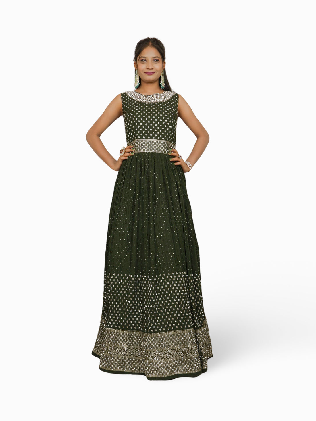 Gown with Stone & Kundan Work by Shreekama Dark Green Designer Gowns for Party Festival Wedding Occasion in Noida