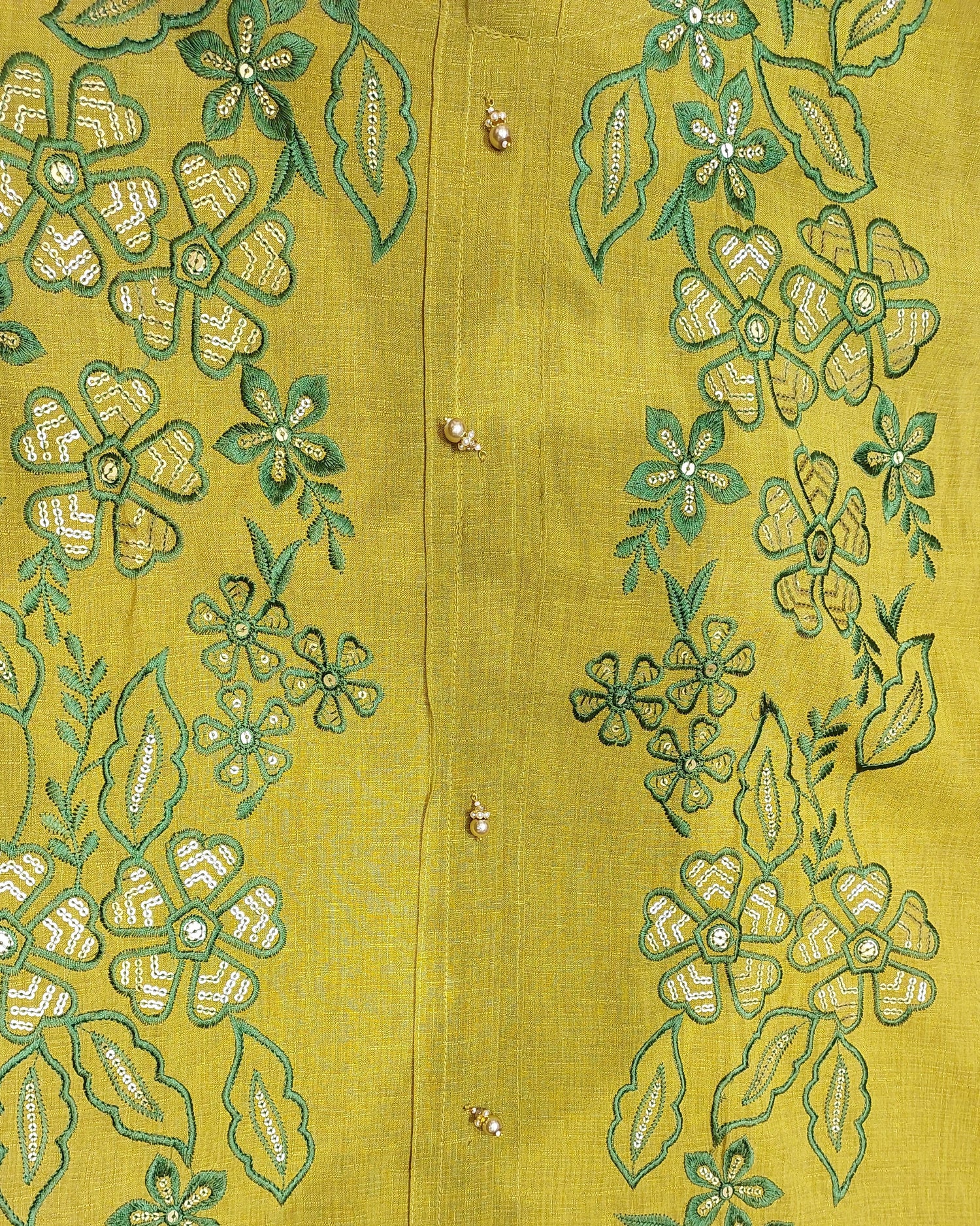 Mustard Green Floral Embroidered Kurta with Palazzo Set | Sequin &amp; Pearl Work
