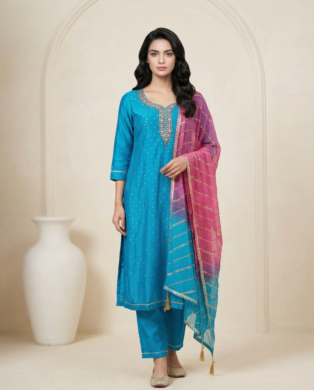 Teal Bandhani Dot Kurta Suit Set with Pearl Zardozi Neck &amp; Ombre Leheriya Dupatta