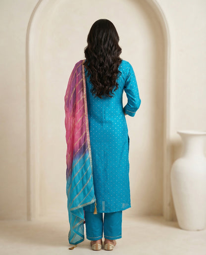 Teal Bandhani Dot Kurta Suit Set with Pearl Zardozi Neck &amp; Ombre Leheriya Dupatta
