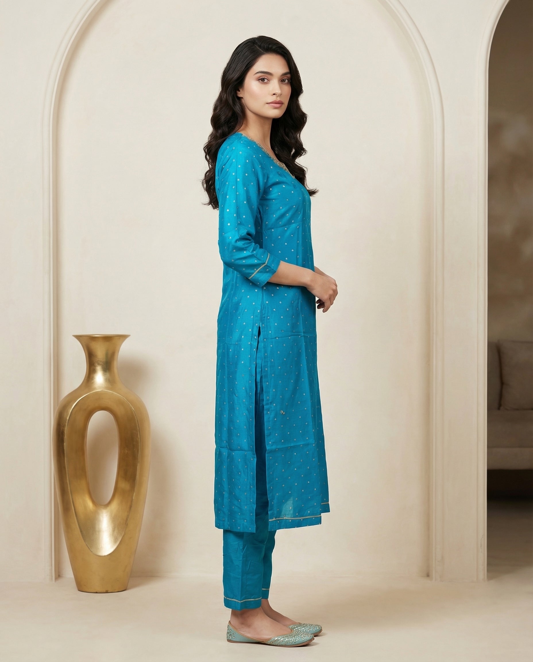 Teal Bandhani Dot Kurta Suit Set with Pearl Zardozi Neck &amp; Ombre Leheriya Dupatta