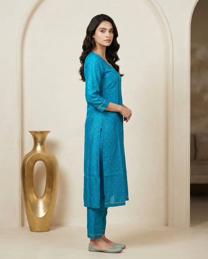 Teal Bandhani Dot Kurta Suit Set with Pearl Zardozi Neck &amp; Ombre Leheriya Dupatta