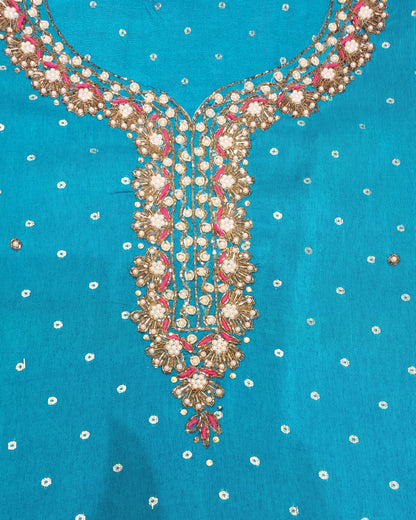 Teal Bandhani Dot Kurta Suit Set with Pearl Zardozi Neck &amp; Ombre Leheriya Dupatta