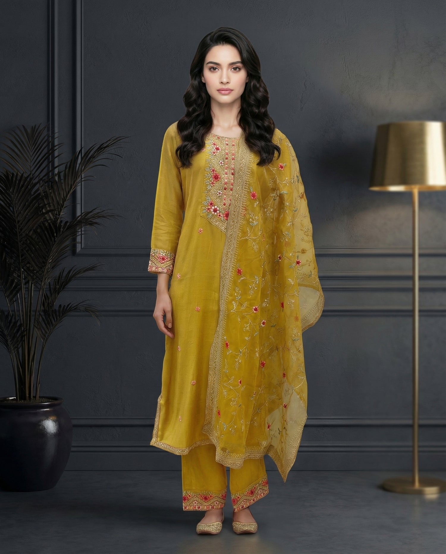 Mustard Yellow Floral Embroidered Kurta Set with Palazzo &amp; Embroidered Organza Dupatta