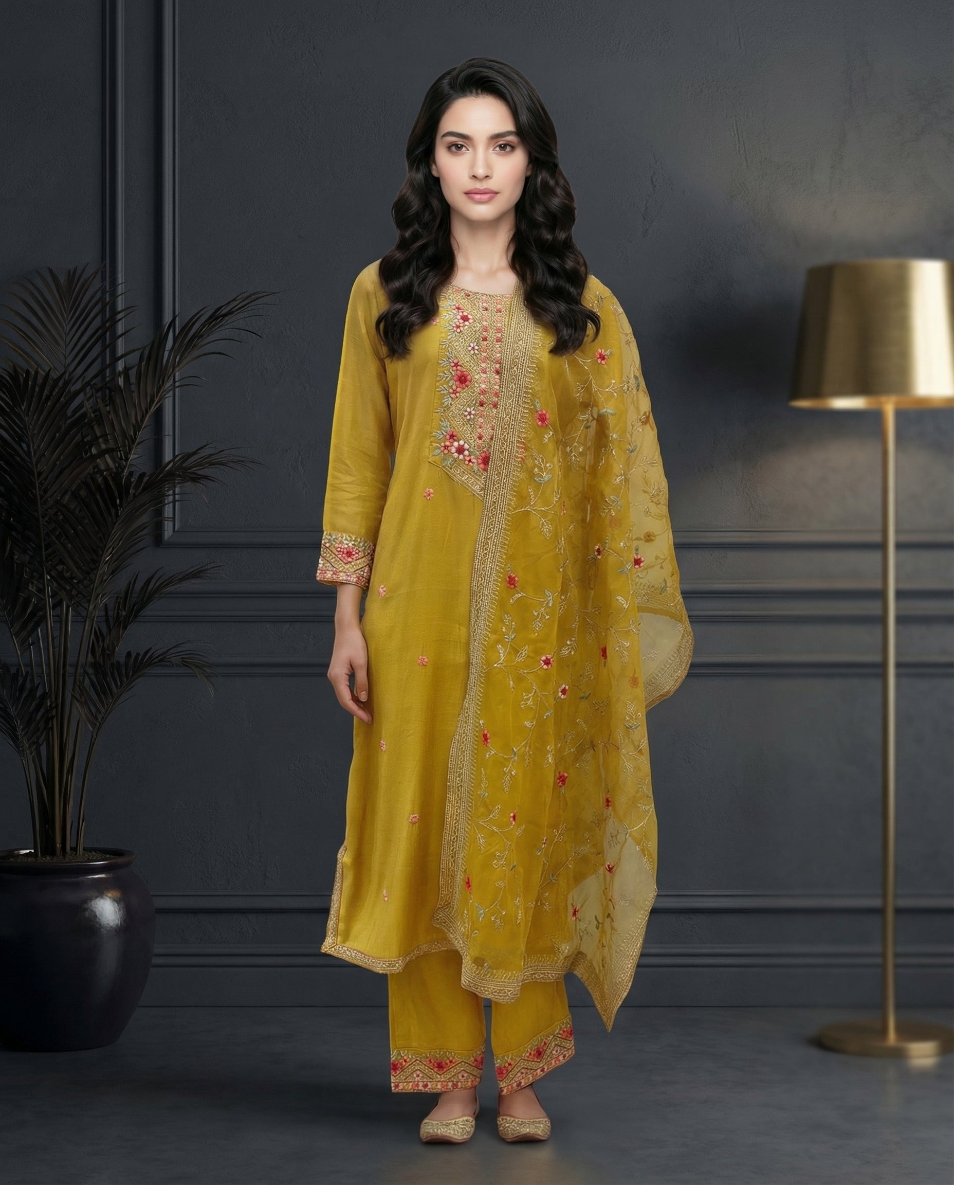 Mustard Yellow Floral Embroidered Kurta Set with Palazzo &amp; Embroidered Organza Dupatta