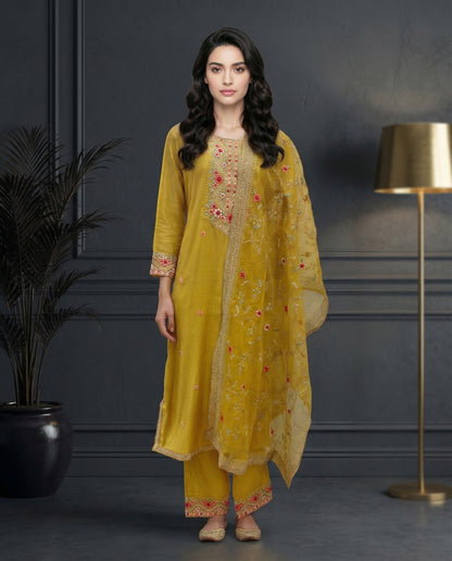 Mustard Yellow Floral Embroidered Kurta Set with Palazzo &amp; Embroidered Organza Dupatta