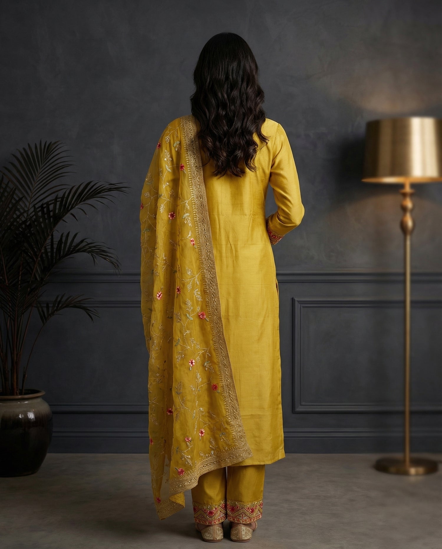 Mustard Yellow Floral Embroidered Kurta Set with Palazzo &amp; Embroidered Organza Dupatta