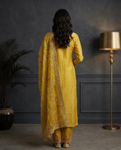 Mustard Yellow Floral Embroidered Kurta Set with Palazzo &amp; Embroidered Organza Dupatta