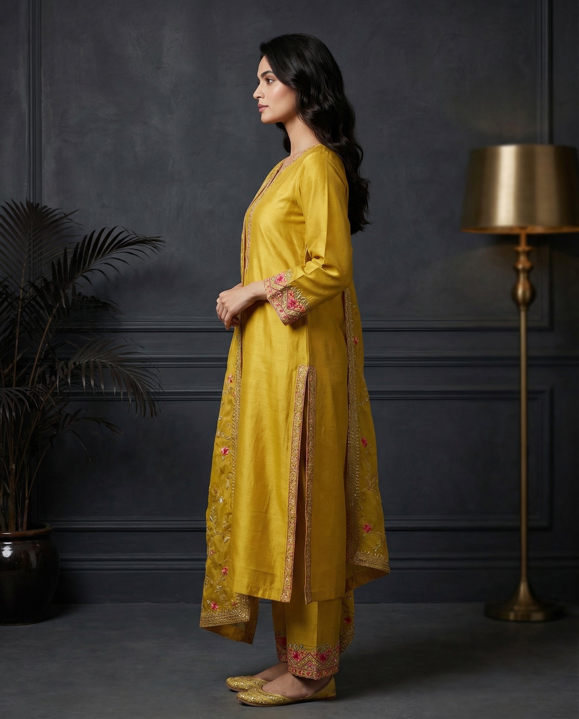 Mustard Yellow Floral Embroidered Kurta Set with Palazzo &amp; Embroidered Organza Dupatta