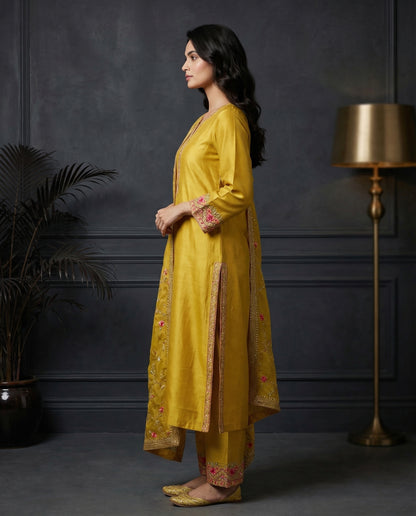 Mustard Yellow Floral Embroidered Kurta Set with Palazzo &amp; Embroidered Organza Dupatta