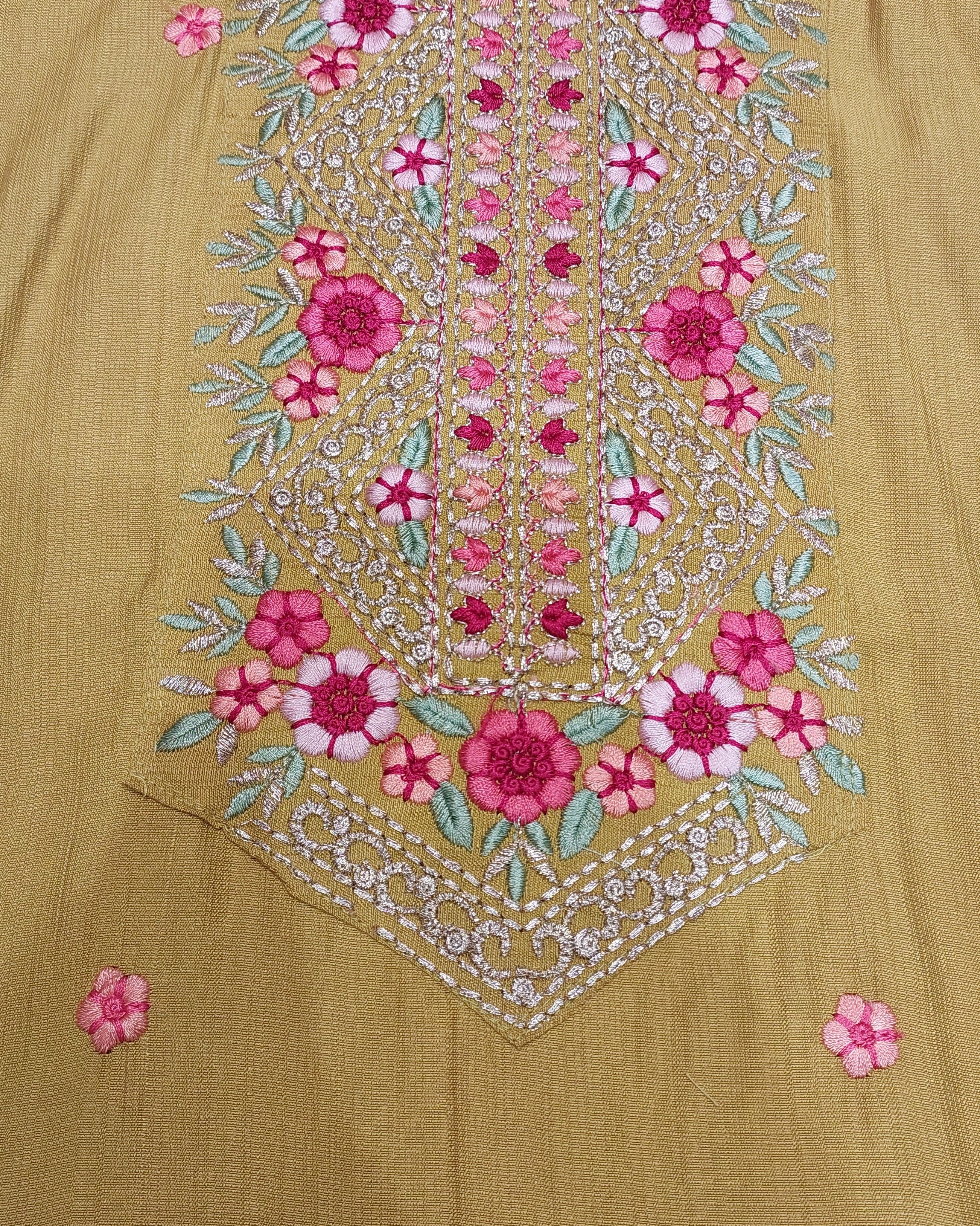 Mustard Yellow Floral Embroidered Kurta Set with Palazzo &amp; Embroidered Organza Dupatta