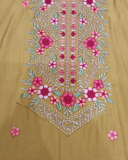 Mustard Yellow Floral Embroidered Kurta Set with Palazzo &amp; Embroidered Organza Dupatta